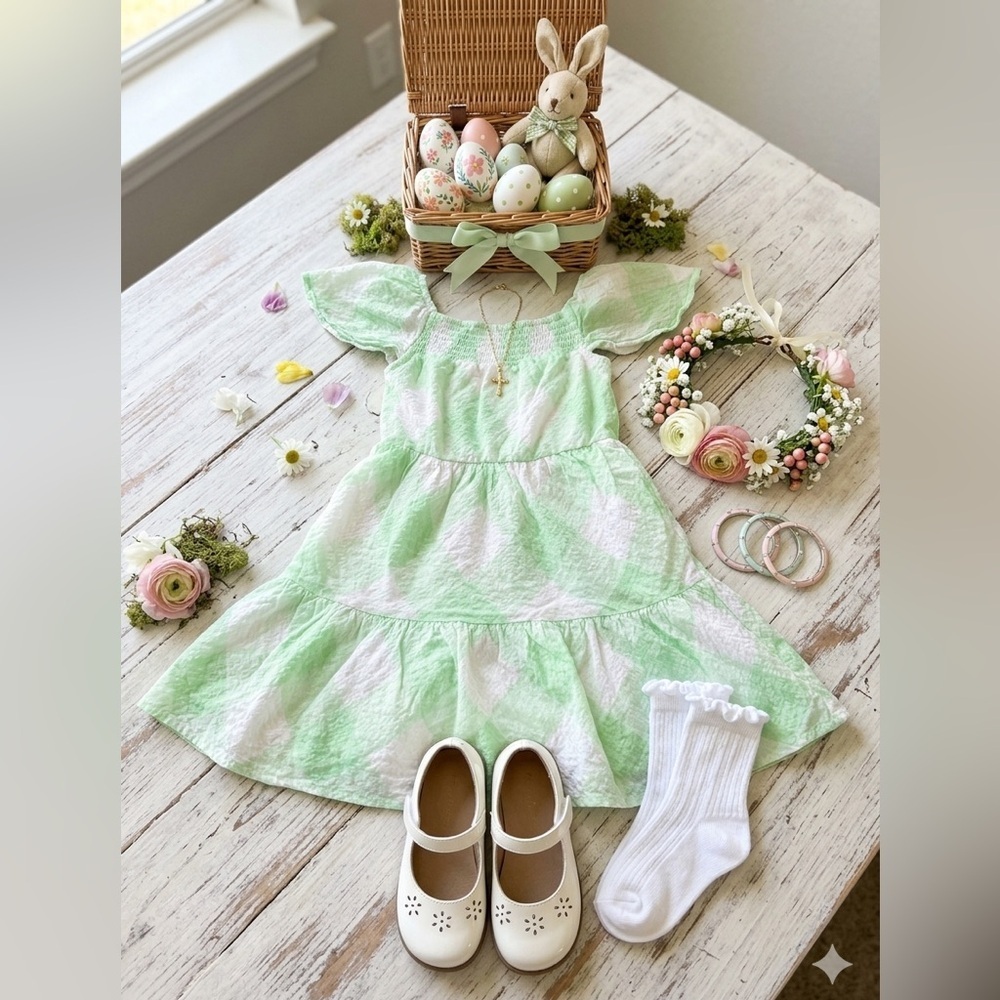 Cat & Jack Girls Pastel Green Plaid Easter Dress with Puff Sleeves size 8 Med